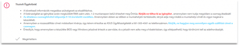 eu-rma.asus.com űrlap 'Megértettem' jelölőnégyzet